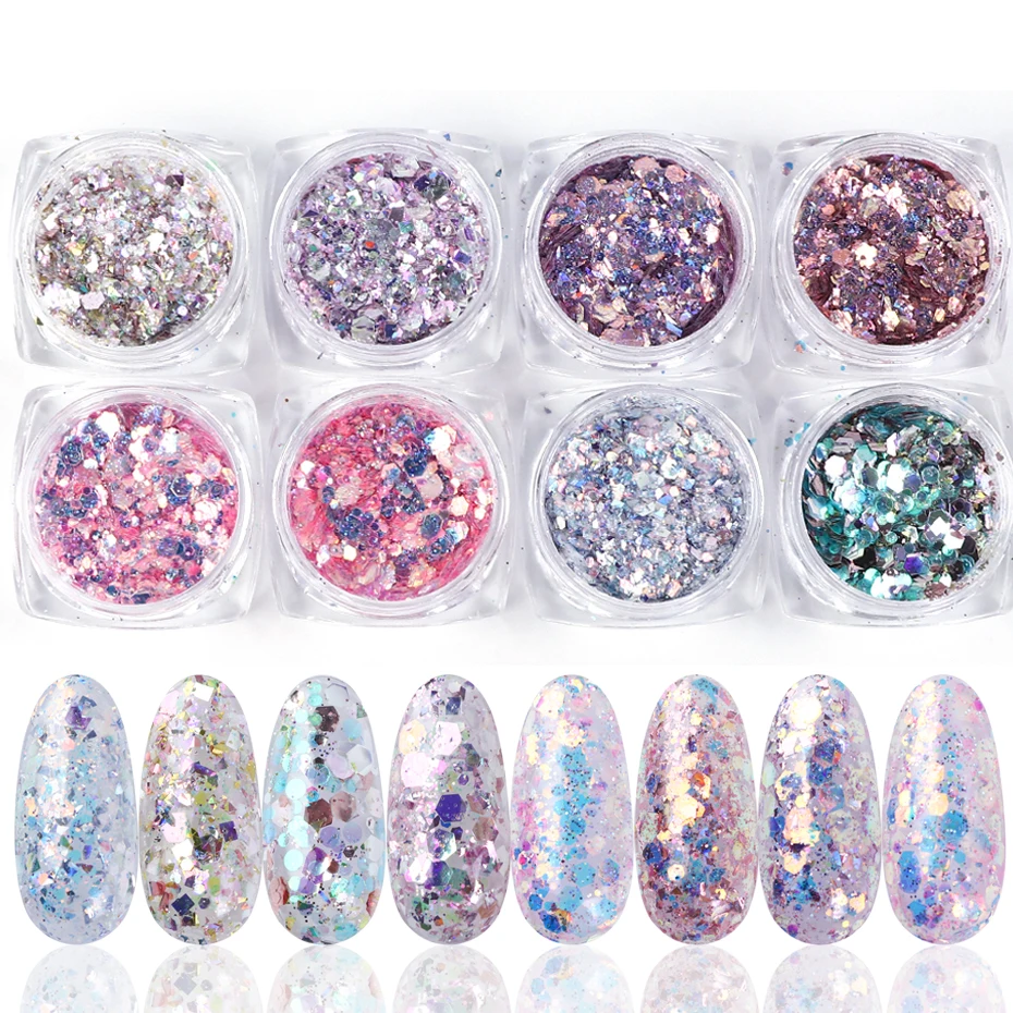 1set Mixed Holographic Glitter Flakes Blue Heart Butterfly Nail Glitter Sparkly Luminous Powder Manicure 3D Nails Set CH1506-06 - Цвет: 08