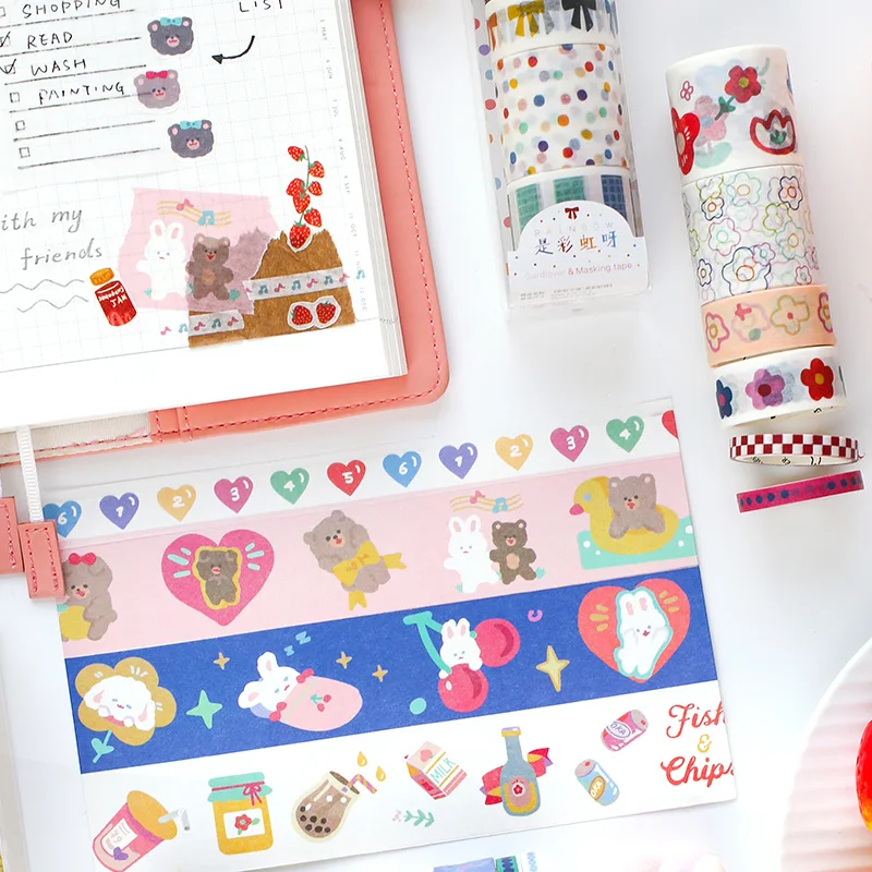 

6pcs Multi rainbow color washi tape set Cute bear rabbit flower masking tapes sticker DIY album diary frame decoration A6734