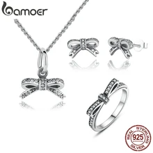 BAMOER 925 пробы Серебряный сверкающий лук-узел Штабелируемый кольцо ювелирные изделия для невесты наборы стерлингового серебра ювелирные наборы и многое другое ZHS022