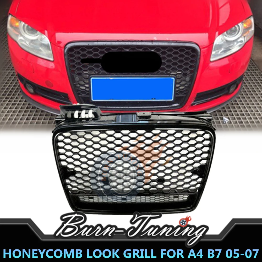

For RS4 Style ABS Grill For Audi A4 B7 2005-2007 Honeycomb Mesh Racing Grill For Non-Sport Edition With European Plate Holder