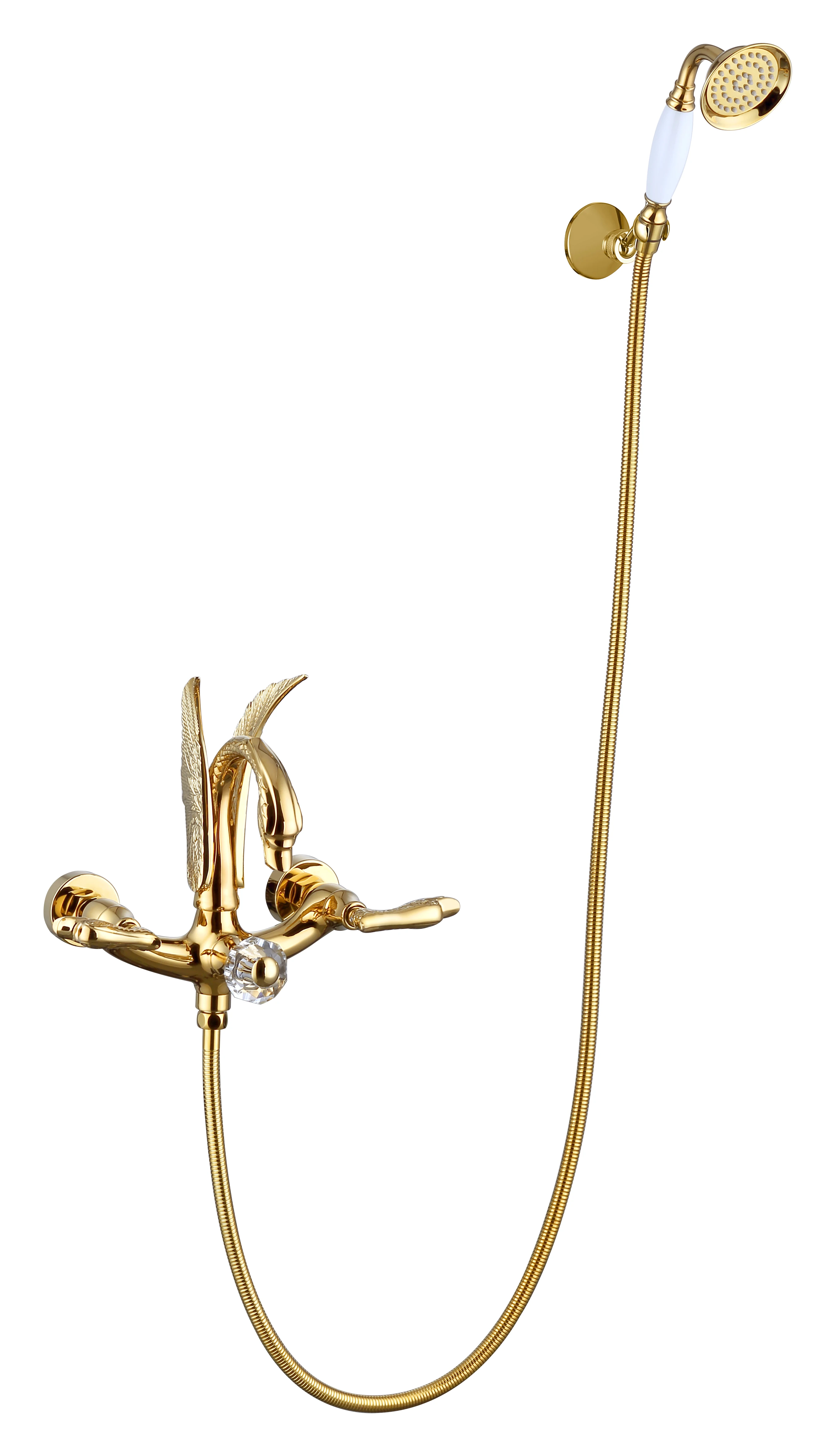 

NEW luxury Ti-Gold wall mounted swan Bath Tub shower Filler Faucet with Hand shower SWAN handles crystal diverter