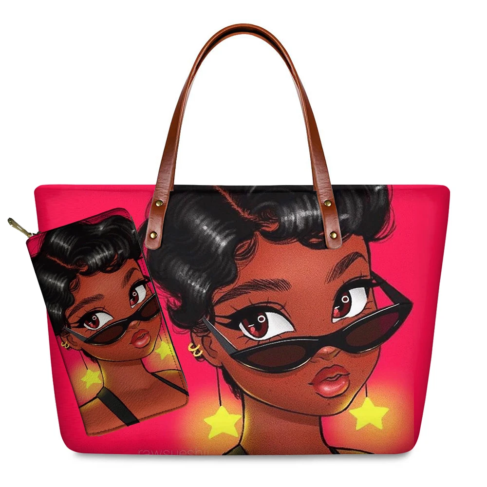 Customzied brand luxury design handbags women black art african girl printing pcs set hand bag wallet