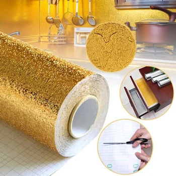 

40x100cm Waterproof Aluminum Gold Foil Wall Stickers Roll Removable Adhesive Vinyl Art Decals Home Decorations For Kitchen