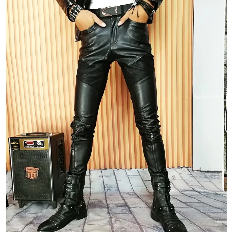 

Fashion Mens Pu Leather Pencil Pants Skinny Buttons Patchwork Long Trousers Man Punk Style Biker Faux Leather Pants Plus Size 37