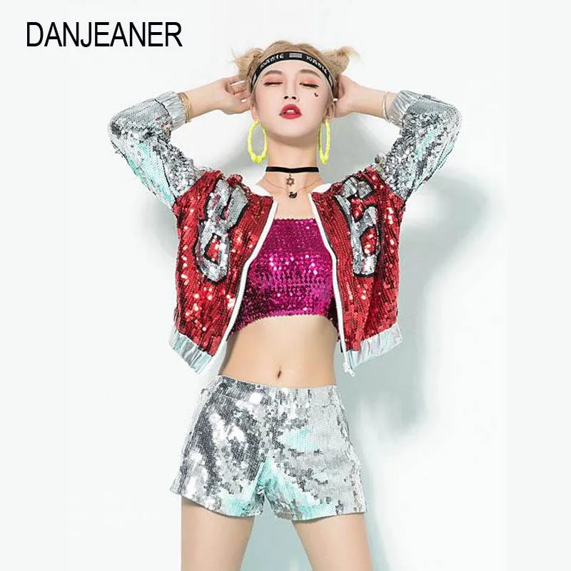 

DANJEANER Women Tweed Jacket Sequin Harajuku Jacket Ethnic Glitter Baseball Jacket Loose Coat Free Shipping Glitter Tops