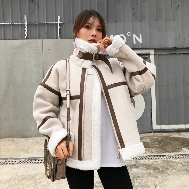 

Winter Short Suede Jacket Coat Women Warm Lambswool Parka Coats Ladies Lamb Velvet Fur Overcoat Womens Locomotive Bomber Jackets