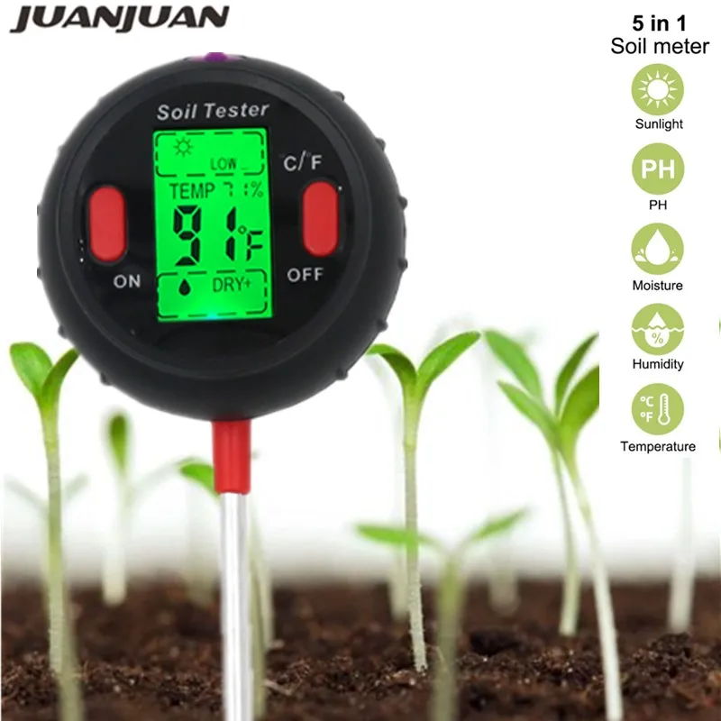 

5 in 1 PH Soil Tester Water Moisture Meter Humidity Thermometer Photometer Water Meter Garden Plants Hydroponics Analyze 40%off