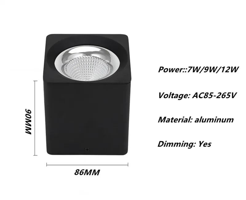 1 шт. супер яркость AC 85-265 в квадратный поверхностный светодиодный COB Диммируемый Светильник 7 Вт/9 Вт/12 Вт Светодиодный точечный потолочный светильник
