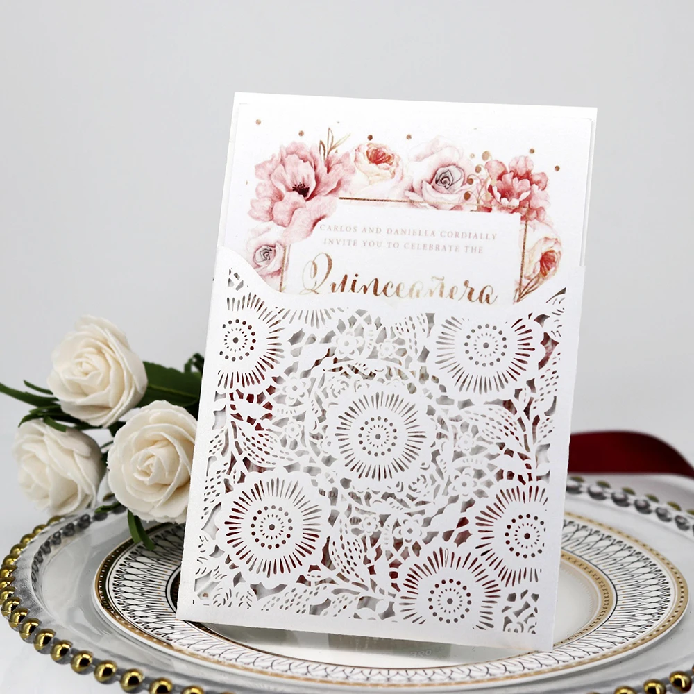  New 10pcs Invitations for Wedding Business Party HollowFlower Greeting Cover + Envelop + Blanks Car - 4000288184759