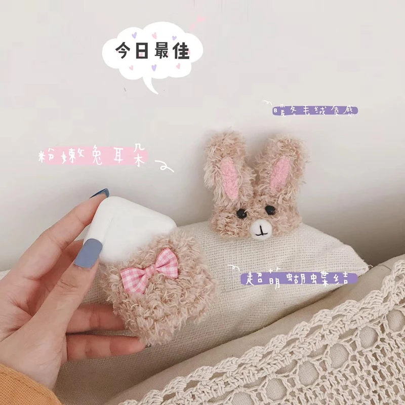 Luxury cute winter plush rabbit Cartoon Earphone Headset Accessories silicone case For Apple Airpods 1 2 Bluetooth cover