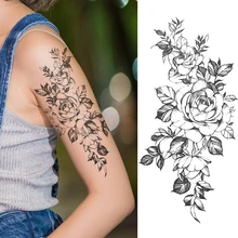 Flor preta rosa tatuagens temporárias flores tatuagem adesivo sexy à prova dwaterproof água falso corpo arte tatuagem para mulher senhora meninas(China)