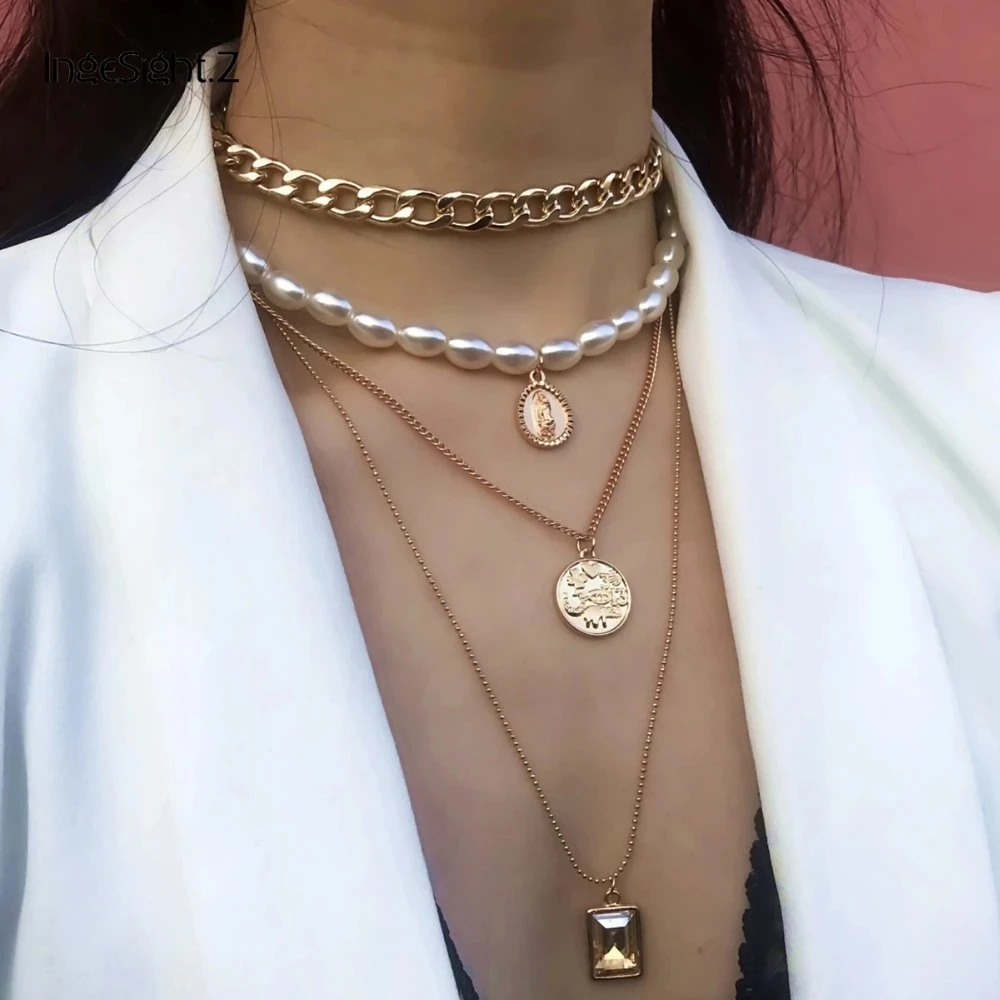Necklace Collar Jewelry Crystal Pendant Pearl Choker Punk Multi-Layered Statement Virgin-Mary