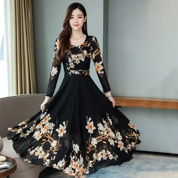 

Women Autumn Dress Floral Print Elegant Long Sleeve High Waist A-Line Dresses Fashion V-Neck Clothes