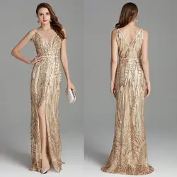 Robe De Soiree, вечернее платье с блестками, с вышивкой, с v-образным вырезом, с разрезом, длинное вечернее платье, торжественное платье, женское