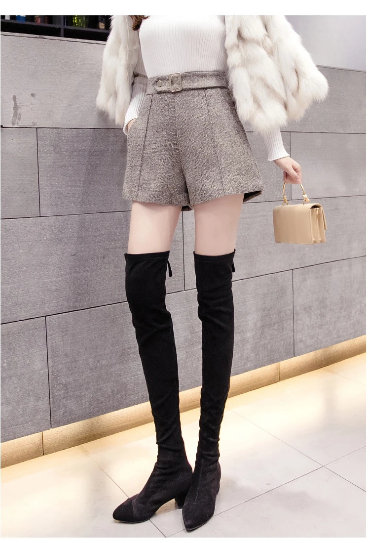 2019 новейшие стильные шерстяные шорты женские широкие шорты осень зима тонкие широкие расклешеные шорты Черные Серые хаки короткие femme