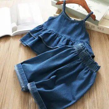 

1-6Y Toddler Baby Kid Girls Denim Clothes Set Ruffles Vest Tops Pants Outfits Summer Children Girl Costumes Blue