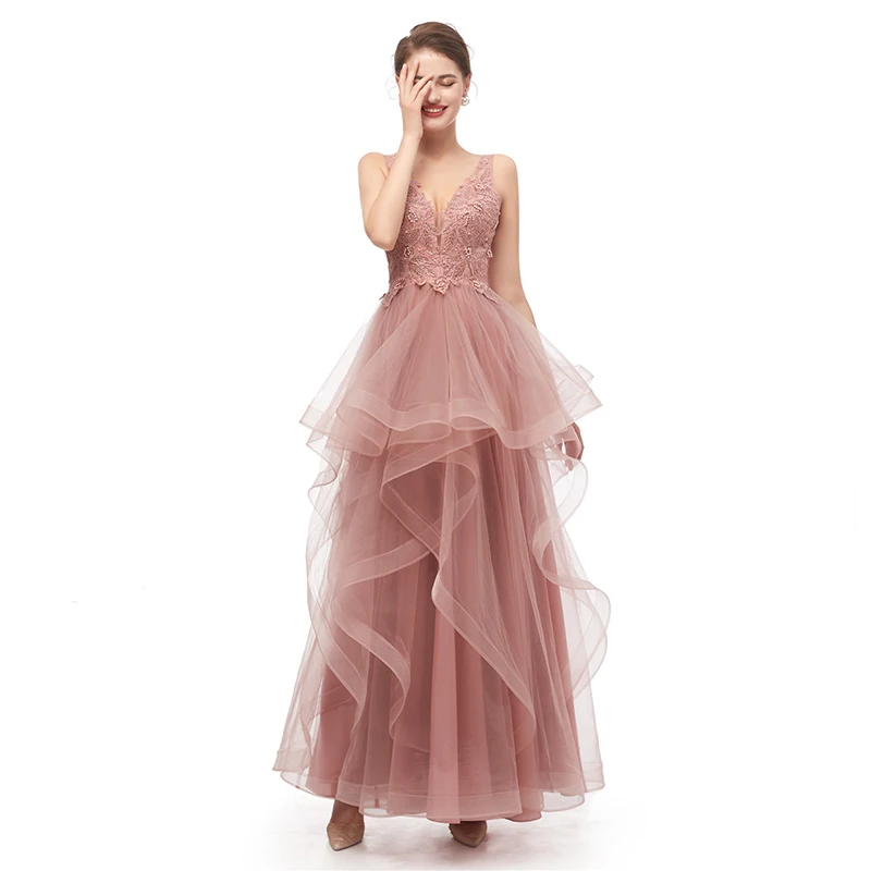 

Sexy Backless Pink Evening Dresses Long Beaded Pearls Formal Dress Women Elegant Lace Tulle Party Dresses V-Neck Gala Gowns 2020