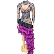 

Sparkling Sequined Mesh Transparent Asymmetrical Women Dress Long Trailing Ruffle Sknny Elastic Dress Evening Prom Outfit