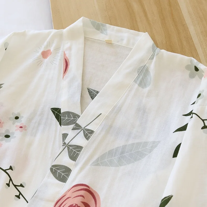 Women Pajamas Set Rose Printed Ladies Kimono Style Loose Thin V-Neck Three-Quarter Sleeves Gauze Cotton 2Pcs Sleepwear Loose Homewear women pajamas set women pajama suit