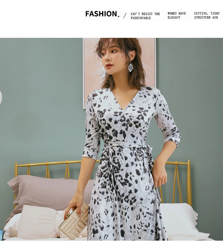 Сексуальные вечерние платья с v-образным вырезом и леопардовым принтом женские осенние раздельные цельные кружевные повседневные свободные длинные одежда для отпуска, пляжные платья Robe Femme