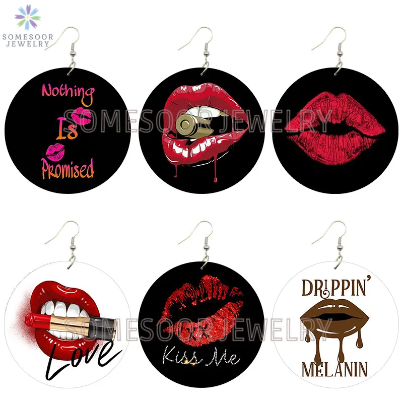 Деревянные висячие серьги SOMESOOR Kiss Me Drippin Melanin с принтом губ винтажные Подвески