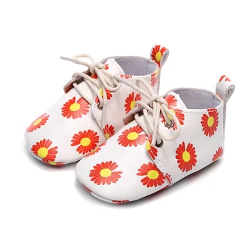 

Infant Leather Cute Flower Print Shoes Soft Soled Lace-up Toddler Sports Shoes For Baby Girls Princess Shoes First Walker