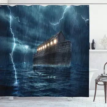 

Nature Shower Curtain, Old Nostalgic Wooden Boat Ship During Rain and Thunder Storm Scary Dramatic Scene, Cloth Fabric Bathroom