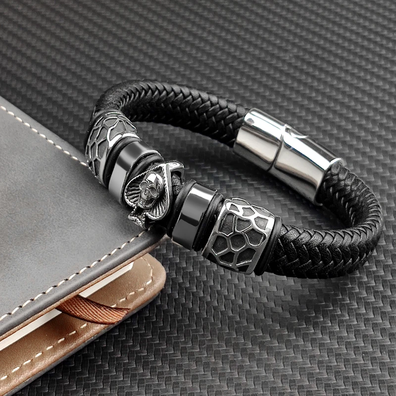 Braided Leather 316l Stainless Steel Charm Male Bracelets Spades Skull Head Bangle Punk Wristband Men's Jewelry bracelet jewelry leather bracelets