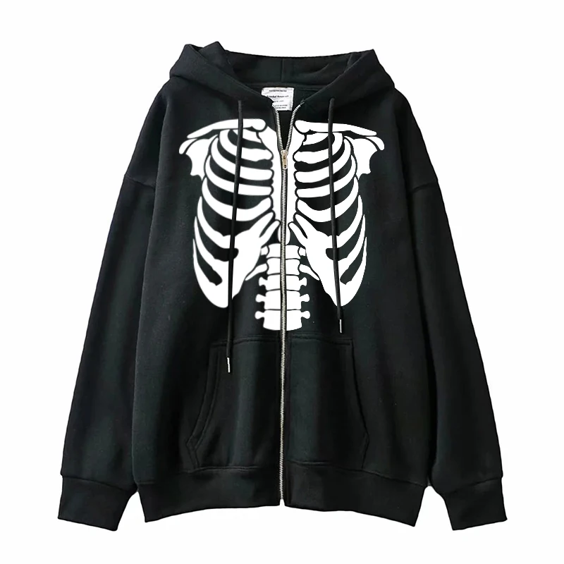 comfy hoodie Gothic Oversized Hoodie Long Sleeve Harajuku Skeleton Sweatshirt Women Y2K Aesthetic Hip Hop Streetwear Vintage Zip Up Clothes fresh hoods