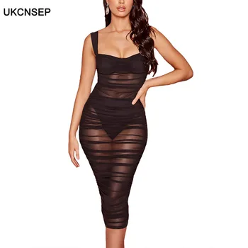 

UKCNSEP High Quality Mesh Patchwork Summer Women Dress 2020 New Sexy Sleeveless Draped Celebrity Evening Party Bandage Dress