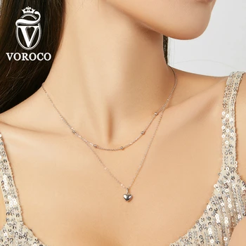 

VOROCO BNN168 Love Heart Pendant Stacked Choker Necklace Real 925 Silver Women Fine Jewelry Cute Pretty Chain Necklace Wedding