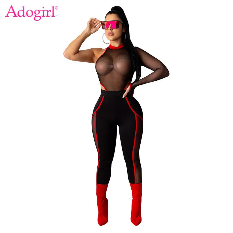 Adogirl Color Patchwork Trim Sexy Two Piece Set Jumpsuit One Shoulder Long Sleeve Sheer Mesh Bodysuit Pencil Pants Club Suits | Женская