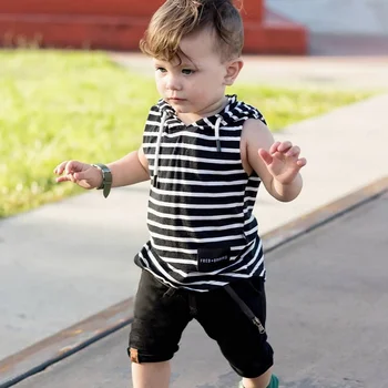 

Newborn Boy Summer Casual Sets Infant Boy Stripe Print Sleeveless Hooded Tops Shorts Two-pieces Toddler Pullover Outfits Clothes
