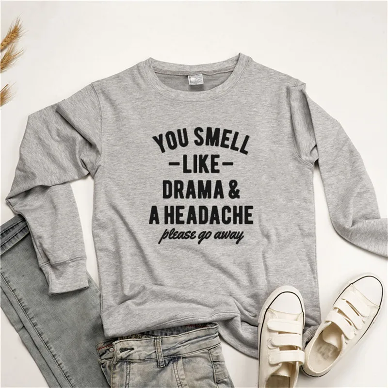 Толстовки с принтом «ваш запах, как драма», Женская Толстовка в стиле поп с круглым вырезом и длинным рукавом, Женская толстовка с капюшоном в стиле Харадзюку - Цвет: Серый