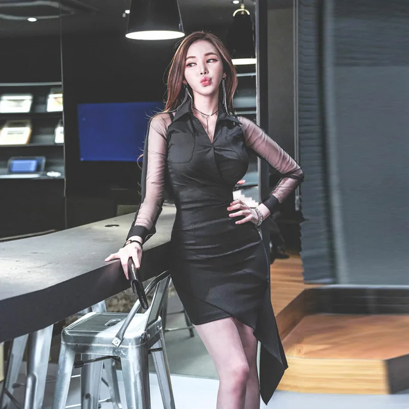 

Big Size 2019 Autumn Mesh Patchwork Black Shirt and Mini Asymmetrical Skirt Women 2 Piece Set Streetwear Modis Two Piece Set