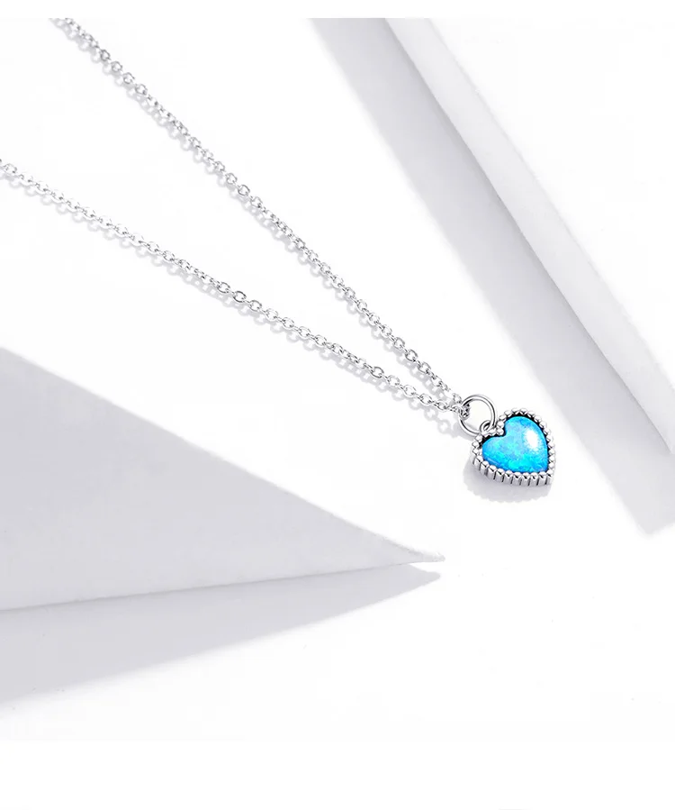 BISAER Deep Blue Heart Necklace 925 Sterling Silver Blue Opal Love Holding Necklace Pendant Women Oxidized Silver Jewelry ECN413