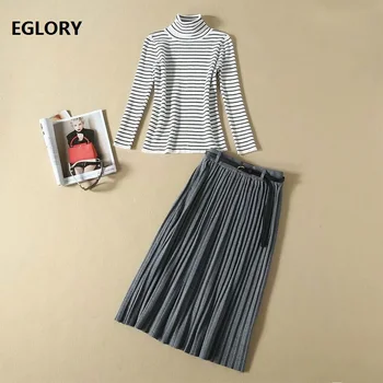 

Turtleneck Sweater Set 2019 Autumn Winter Suit Women Striped Pullovers+Mid-Calf Length Grey Knitted Skirt Set Ladies Casual Suit