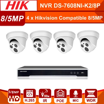 

Hikvision NVR 5MP 8MP Kits 4pcs CCTV Kit With 7608NI-K2/8P Hikvision Compatible IP Camera 5MP 8MP CCTV System Easy install