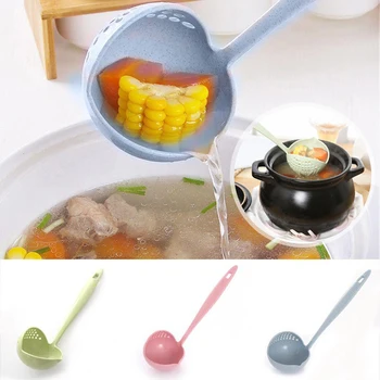 

2 in 1 Soup Spoon Long Handle Home Strainer Cooking Colander Kitchen Scoop Plastic Ladle Tableware New
