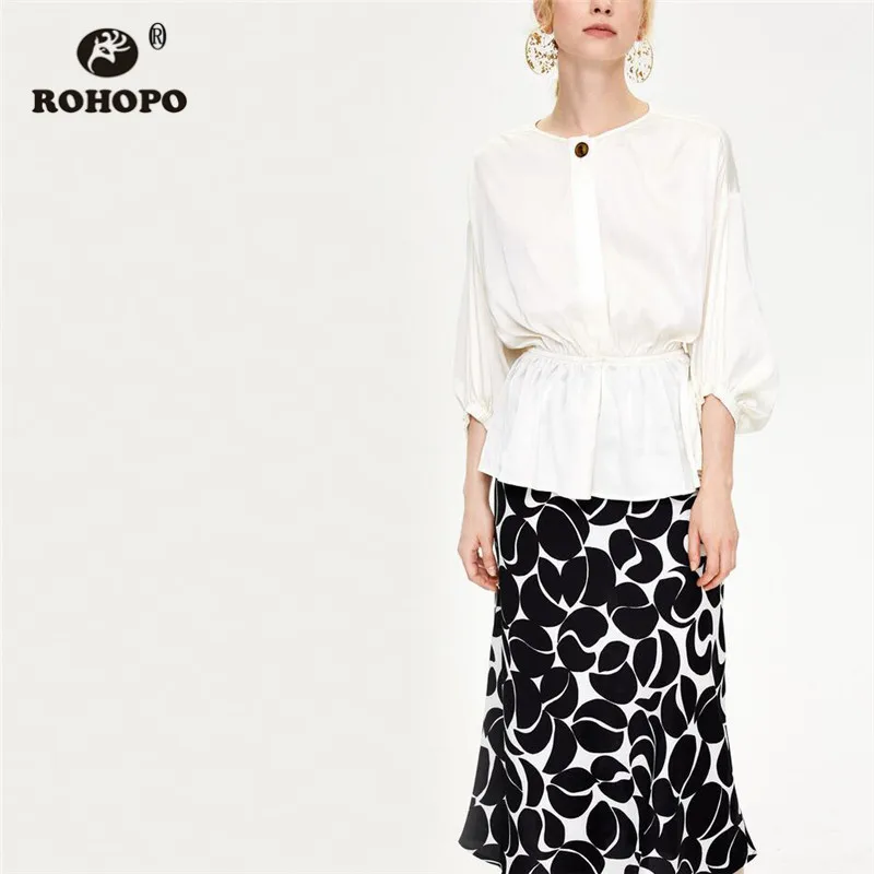 

ROHOPO Puff Sleeve Ruffled Top Button Fly Pullover Soft Blouse Three Quarter Sleeve Chic Ladies Solid Top Shirt #9273