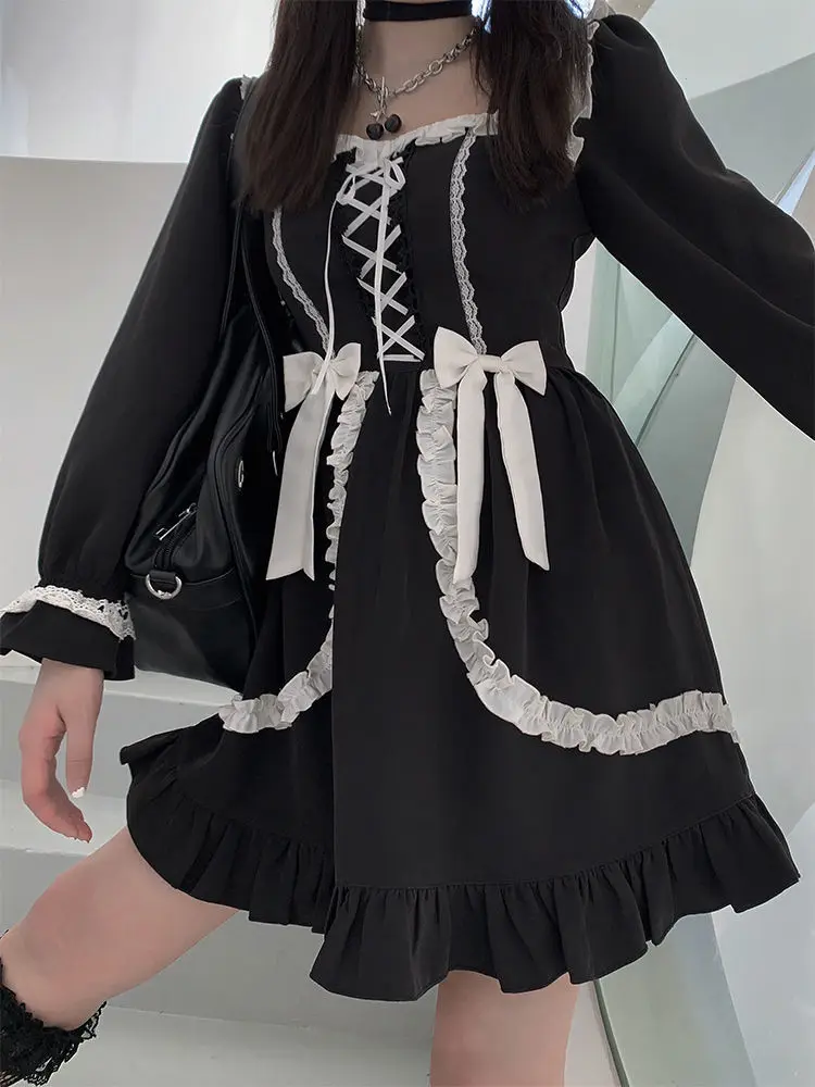 Japanese Lolita Gothic Dress Girl Patchwork Vintage Designer Mini Dress Japan Style Kawaii Clothes Fall Dresses for Women 2021