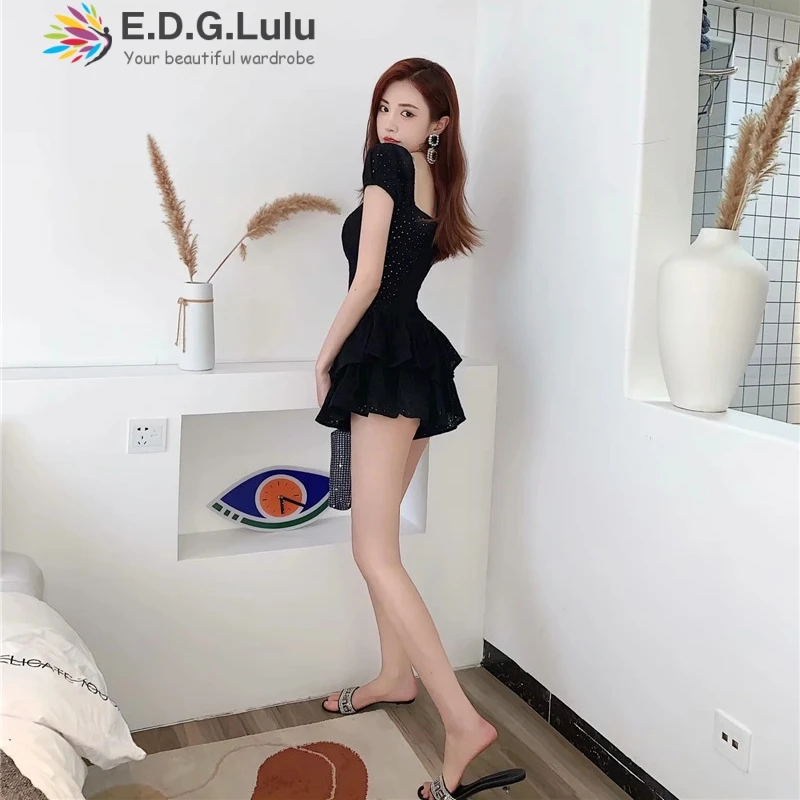 EDGLuLu Jumpsuits For Women 2020 Summer Short White V-neck Short Sleeve Black Bundle Waist Rompers Playsuit 0526 EDGLuLu Jumpsuits For Women 2020 Summer Short White V-neck Short Sleeve Black Bundle Waist Rompers Playsuit 0526