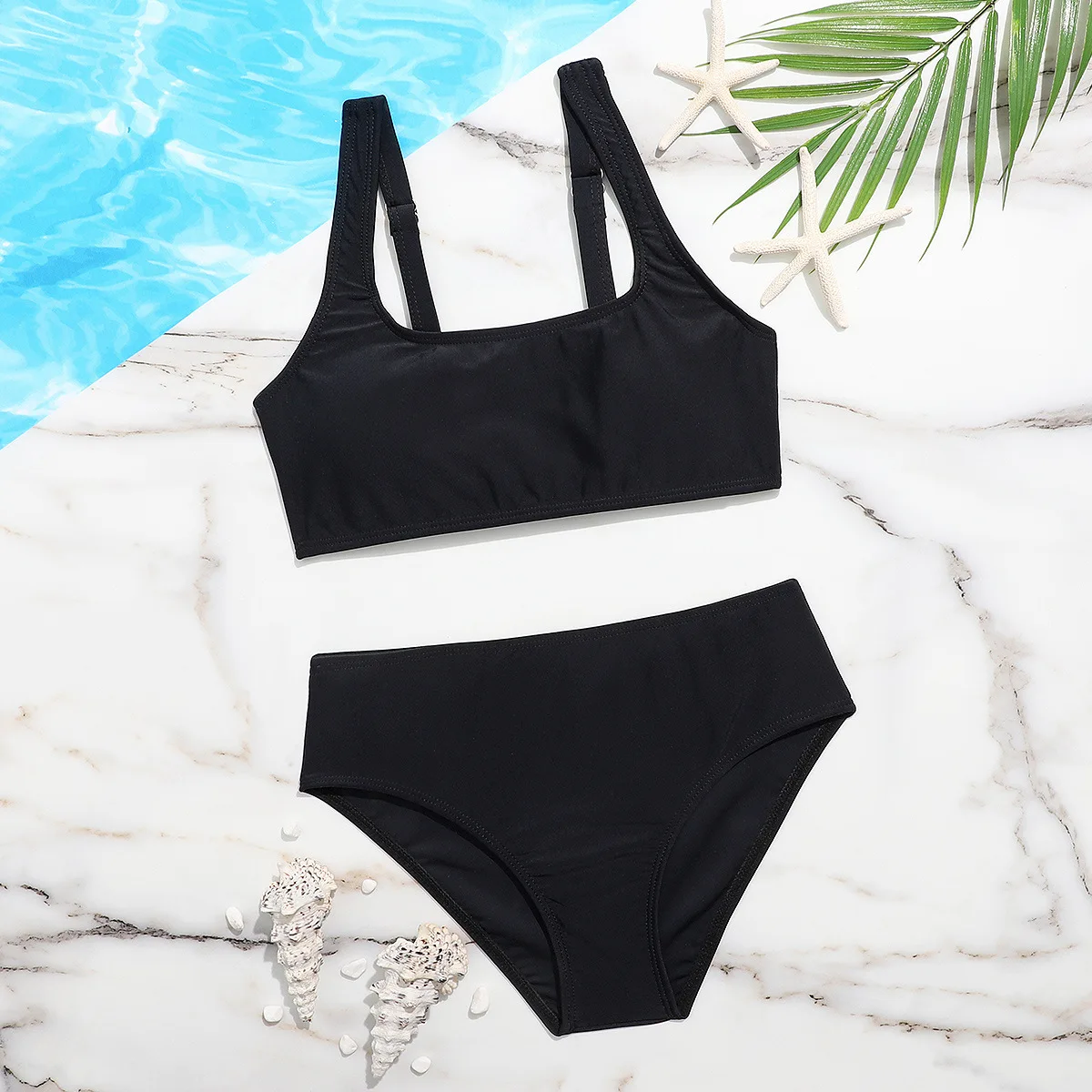 Solid Girl Swimsuit Kids Ribbed High Waist Bikini Set Two Piece Children's Swimwear Padded Girls Bathing Suit Beachwear Biquini