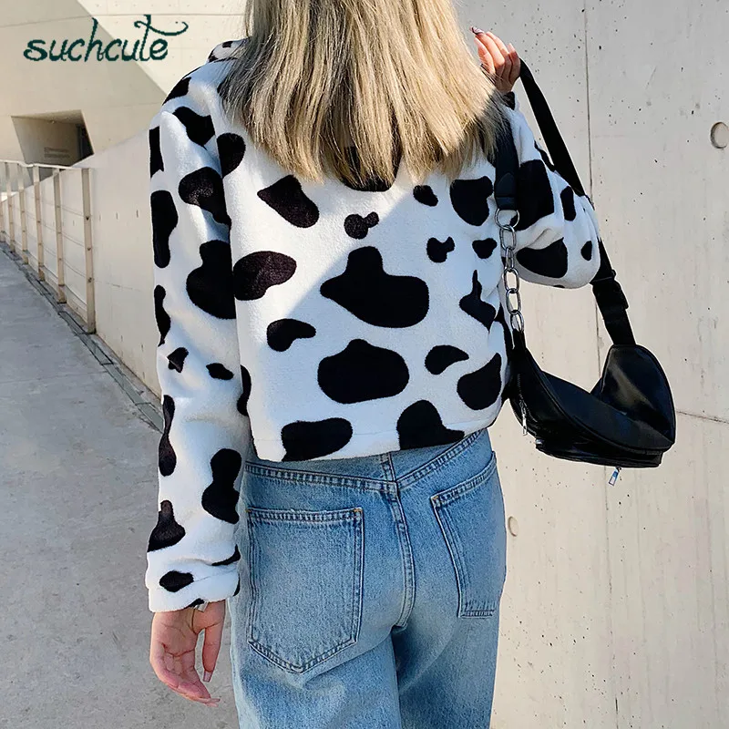 incredible  SUCHCUTE Fur Coats For Women Cow Print Teddy Jacket Modis Longslive Zipper Casual Warm Autumn Winte