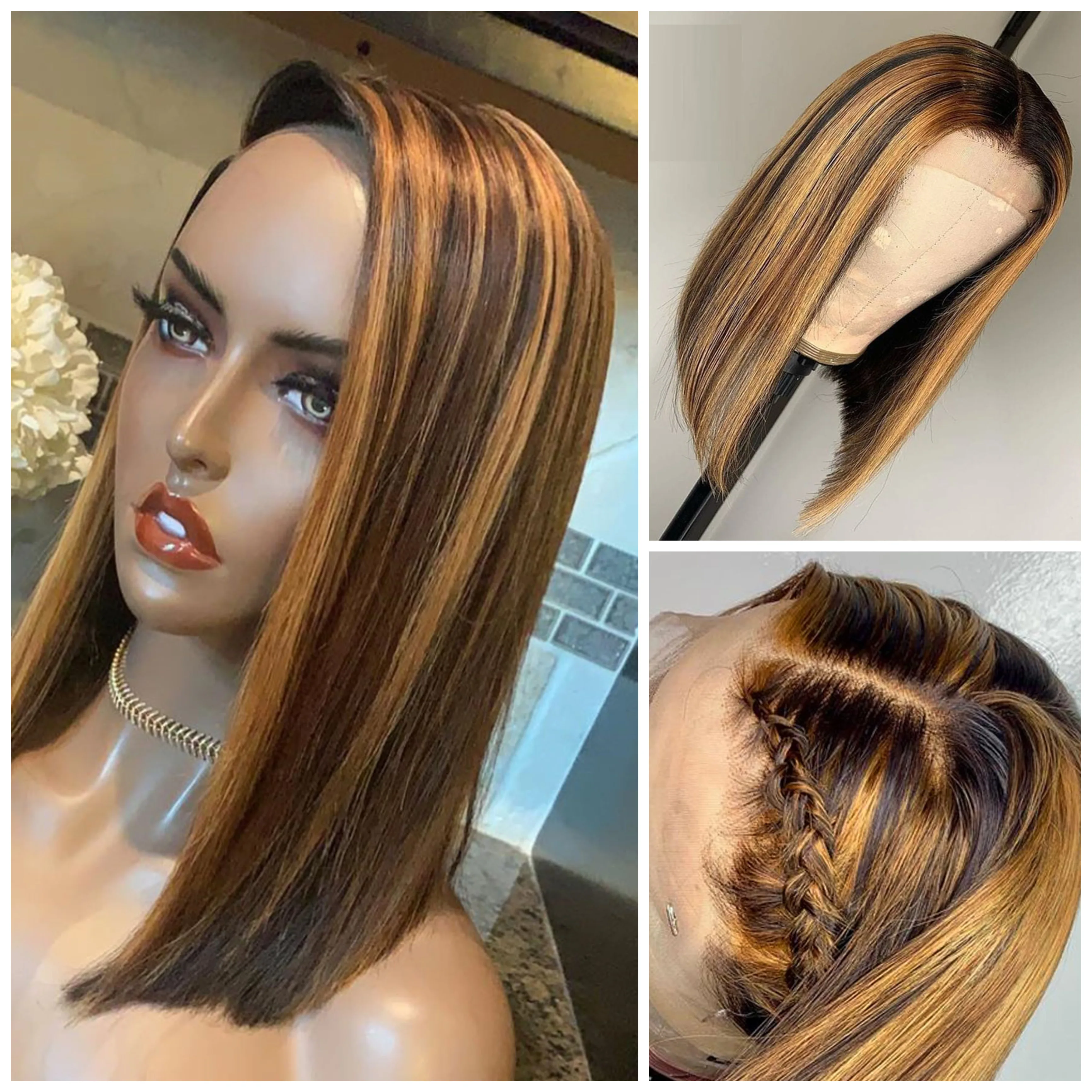13 4 Ombre Blonde Highlight Remy Brazilian Straight Bob Wig 13 4
