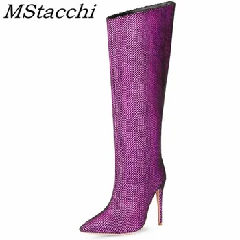 

MStacchi Fashion Rose Red Party Women Boots Concise Pointed Toe Thin Heel High Boots Autumn Winter New Style Knee-Boots Women