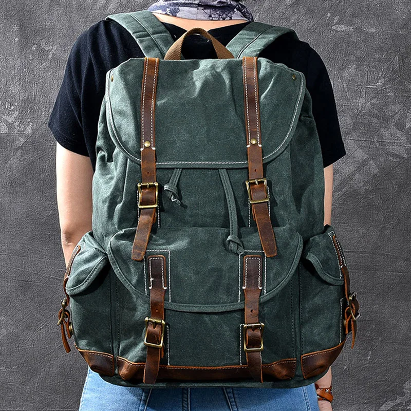 

New Multifunction Men Backpack women Vintage Canvas rucksack Leather School Bag Neutral Portable Wearproof big Travel Bag