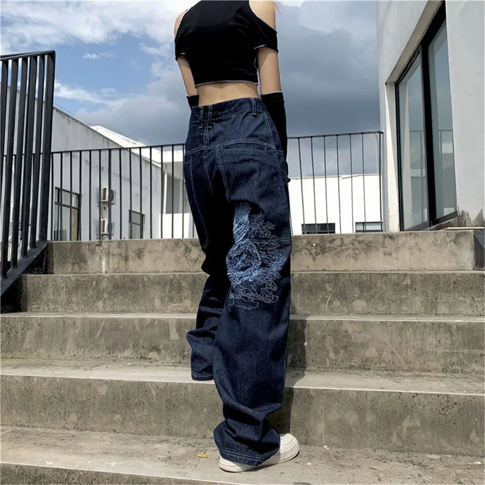 American retro street loose embroidered straight-leg jeans women 2021 new casual all-match high-waist mopping wide-leg trousers purple brand jeans