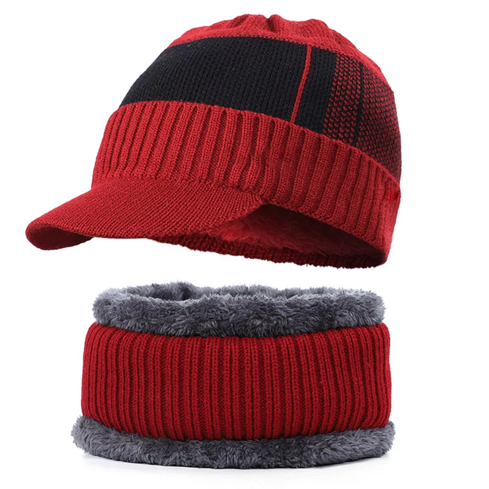 Мужская зимняя теплая шапка, вязаная шапка с флисовой подкладкой, мягкая дышащая шапка с петлями для шарфа NGD88 - Цвет: Wine red hat and sca