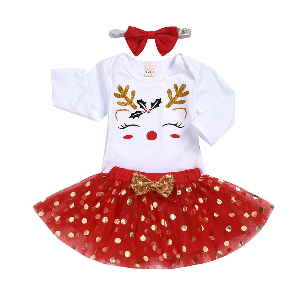 Рождественское платье для девочек зимний комбинезон для маленьких девочек, милый комбинезон с рисунком+ юбка-пачка в горошек+ повязка на голову, рождественские наряды Одежда для новорожденных